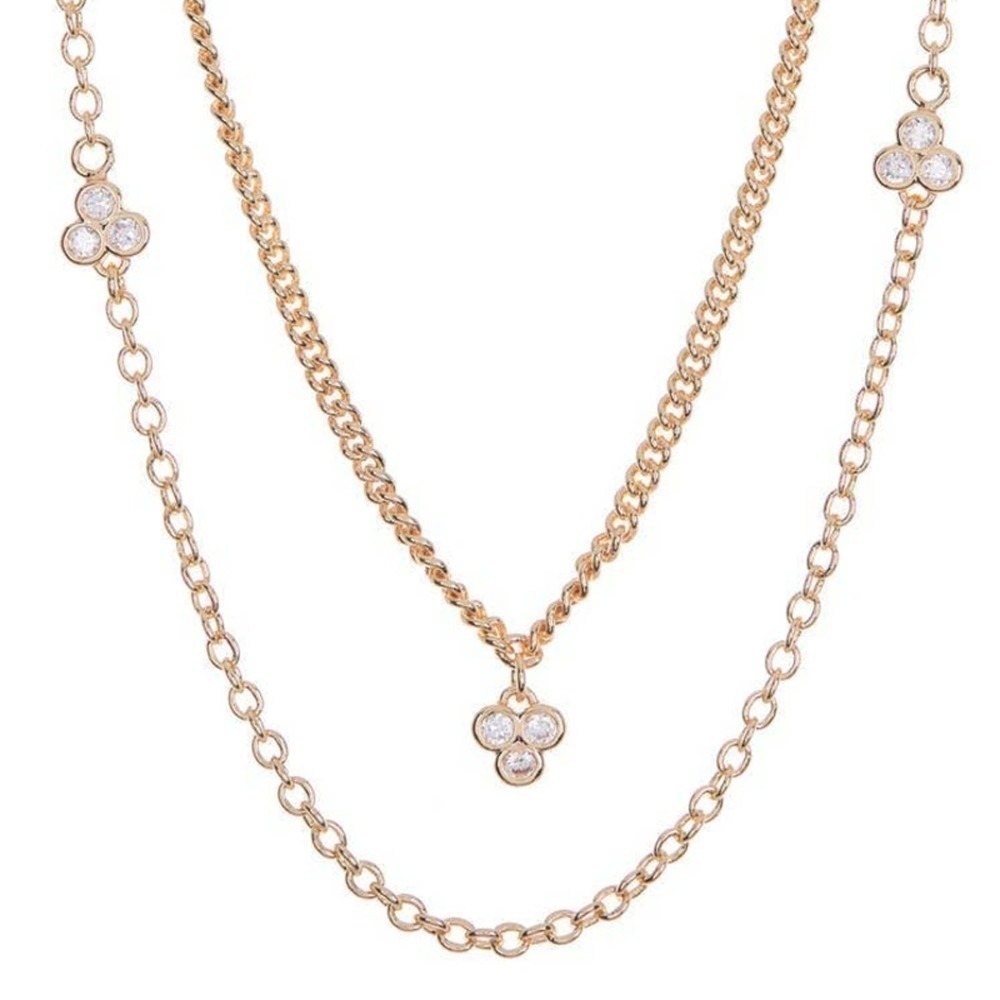 Triple Crystal Gemstone CZ Trio Dbl Gold Chain Necklace Gold Necklace Set NEW
